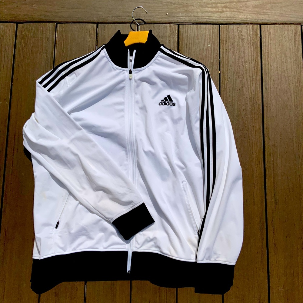 Adidas Classic White Tricot Track Jacket. 3 black strips with logo